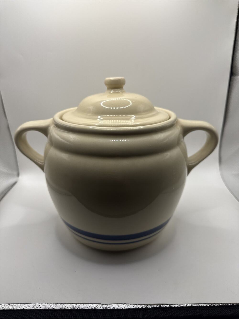 Vtg Roseville Friendship Pottery Bean Crock Pot / Cookie Jar 3 Qt. Blue Stripe